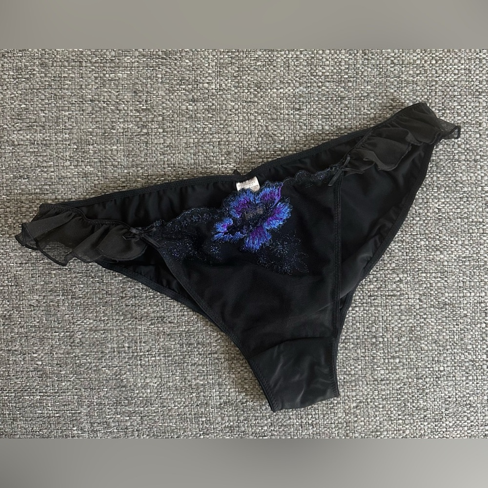 2010 Victoria’s Secret Black String Bikini Panty with Purple Embroidered Flower